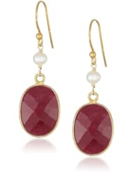 Faceted Gemstone Oval Shape Bezel with White Freshwater Cultured Pearl and Gold over Silver Ear Wire Drop Earrings