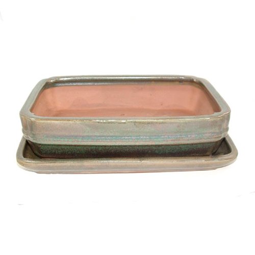 26cm Green Glazed Bonsai Pot and Tray Set