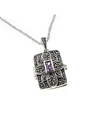 Rectangular Antiqued Photo Locket Pendant - Genuine Amethyst and Marcasite Sterling Silver with 20" Chain Necklace