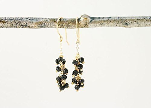 Black spinel earrings 14k gold. Solid gold and black gemstone cluster earrings. Handmade modern, unique jewelry. Yellow gold dangle earrings with black stone