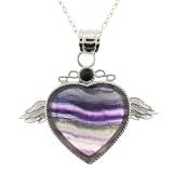 Captivating and Beautiful Natural Fluorite Heart Shape Pendant Inlaid in Silver Tone Frame with Angel Wings - 16'' Silver Tone Chain Included