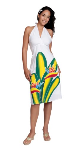 White Sundress With Hand Painted Bird Of Paradise Design - Lined