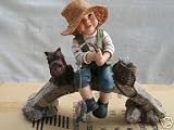 Resin Country Boy With Dog Fishing On Bridge Statue