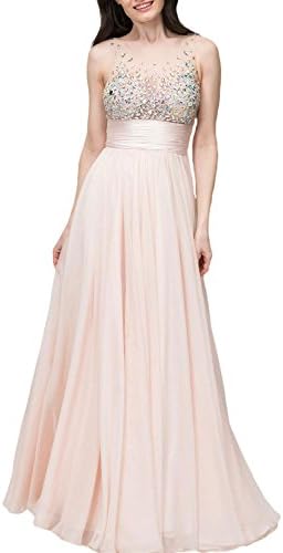 LucysProm Women's Prom Dresses Floor Length Chiffon Scoop Neckline Evening Gowns Size 4 US Skin Pink