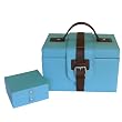 Jewelry Box Leather Seafoam Blue Expresso Brown Trim Silverstone Buckle with Matching Travel Case by Tech Swiss