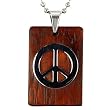 Stainless Steel Natural Redwood Peace Sign Rectangular Pendant w. Woven Faux Leather Necklace
