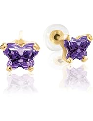 Bfly® Girls 14k Gold February Birthstone Butterfly CZ Earrings with Safety Backs