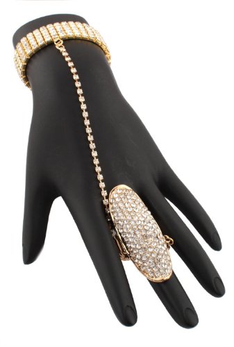 Gold Fully Iced Out Oval Style Adjustable Finger Ring and Slave Hand Chain Bracelet