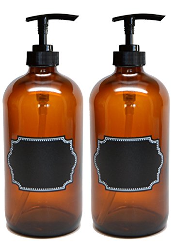 2 Pack Firefly Craft Amber Plastic Pump Bottles with Chalkboard Labels, 16 ounces each