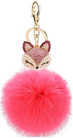 Lovef Cute Womens Ladies Girls Crystal Diamond Keychain Keyrings Fox Head Rabbit Fur Hair Pearl Rhinestone Ball Pompoms Key Chain for Car Keys Ring Clip with Carabiners Charm or Bags Hanging Pendant (1#)