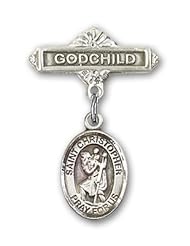 Sterling Silver Baby Badge with St. Christopher Charm and Godchild Badge Pin