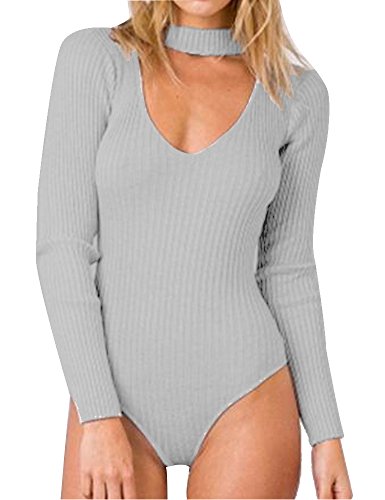 Allegrace Women Long Sleeve Sexy V Cut Stretch Bandage Leotard Bodysuit Jumpsuit S Gray