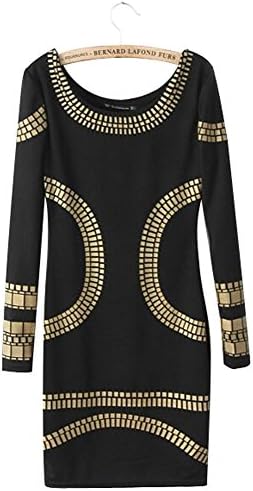 Celebrity Kim Egypt Gold Foil Print Long Sleeve Bodycon Dress