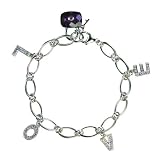 Amethyst Cubic Zirconia LOVE Letters and Lock and Key Platinum Overlay Sterling Silver Charm Bracelet 7.5"