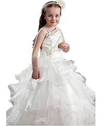 Girls Lace Crystal Beaded Applique Floor Length Organza/Taffeta Halter One Shoulder   Ball Gown Pageant Dress 