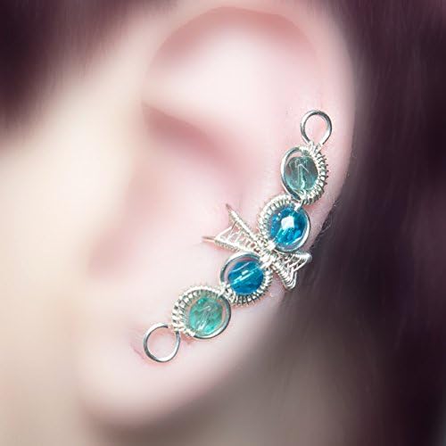 blue and silver EAR CUFF ombre blue wire wrapped elven jewelry with czech glass crystals