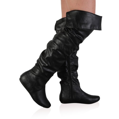 1J Womens Black Faux Leather Ladies Flat Over The Knee Long Slouch Winter Boots Size 4