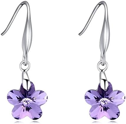 Crystal Flower Earrings Swarovski Element Silver Hook Tone Violet