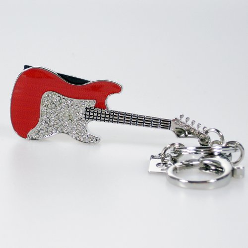 Bejeweled Digital USB 1.0/2.0 Enameled Keychain with 2GB Flash Memory/Drive, Red Guitar