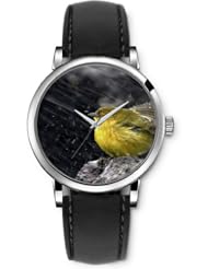 SPRAWL Aanalog Fashion Series Silver Ladies Watches of Genuine Black Leather Strap,Unique Wrist Watch for Women Girls Designed with Yellow bird in the snow