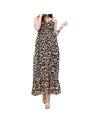 Sexy V-neck Spaghetti Strap Elasticized   Waistline Chiffon Sheer Leopard Print  Dress