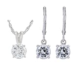 Platinum Plated Sterling Silver Clear Round Cubic Zirconia Pendant with Drop Earrings Set