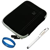 Black with Grey Edge Premium Nubuck Neoprene Sleeve Carrying Case with Exterior Zippered Accessory Pocket for Acer Iconia Tab 7-inch Tablet model A100-07u08u / A100-07u16u + White - Executive Stylus Pen with Laser Pointer and LED Light + SumacLife TM Wisdom*Courage Wristband