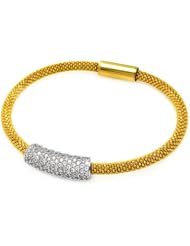 Rhodium Cubic Zirconia Bar On A Gold Plated Sterling Silver Italian Band Bracelet Length 7 " Bar Width 8mm Lock Magnetic