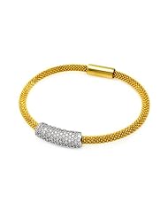 .925 Sterling Silver Yellow Gold Plated Mesh Design Rhodium Plated Pave CZ Italian Bracelet Band with Magnetic Lock - 7" Inches