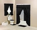 Diamond Double Swag Solid Black Bathroom Shower Curtain with Liner and Hooks