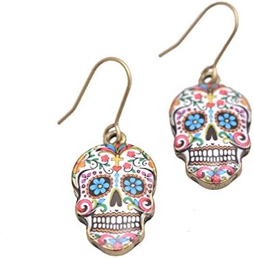 Spinningdaisy Folk Art Colorful Skull earrings Daisy Flower