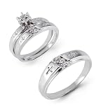 14k White Gold CZ Stone Engraved Cross Wedding Trio Set