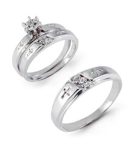 14k White Gold CZ Stone Engraved Cross Wedding Trio Set