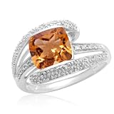 10k White Gold Checkerboard Cushion Cut Citrine and Diamonds Bridge Ring