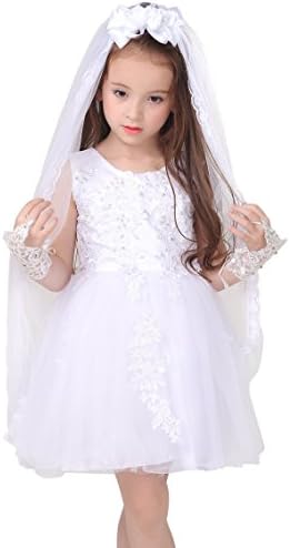 Girls First Communion Wedding Long Head Veil Lace Bow Floral Rhinestone With Comb