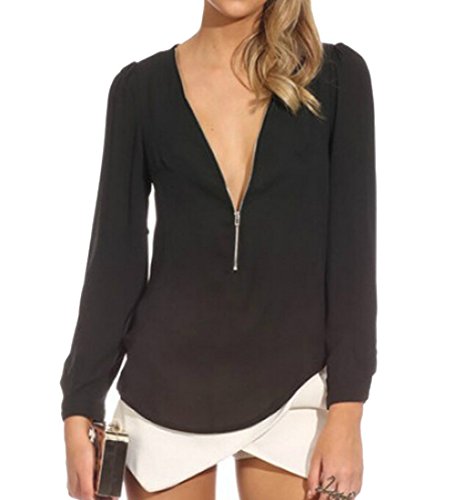 Sunnow Womens Long Sleeve V Neck Zipper Sexy Chiffon Pullover T-shirt Blouse