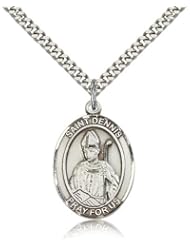 Free Engraving Included Medal- Sterling Silver St. Saint Dennis Pendant 1" Oval 7025SS w/24" SG Heavy Curb Chain w/Box Patron Saint of Headaches/Against Frenzy