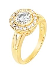 Ann Harrington Jewelry 14k Yellow Gold 1 Ct (6.5 Mm) Round Charles & Covard Created Moissanite And 1/4 Ct Tw Diamond Vintage Style Bezel Ring