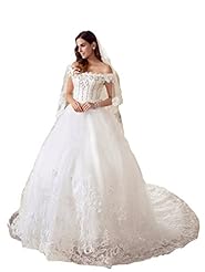 A-line Off the Shoulder Tulle Bateau Neck Lace-Up Applique Beaded  Dress with a Chapel Train 