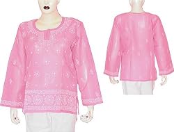 Cotton Shirts Womens Long Sleeve Top Blouse Chikan Embroidery Size M (ctop414)