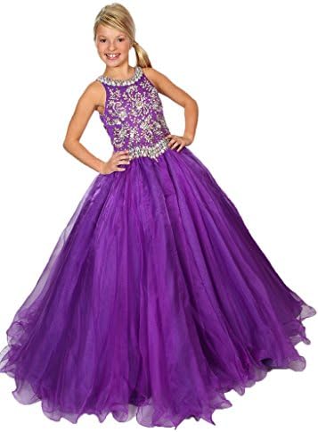 XWHT Princess Girls Twinkling Crystals Pageant Dresses Elegant Purple Balloon Gowns 12 US Purple