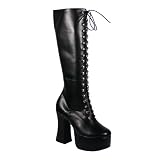 4 3/4 Inch Hot High Heel Boots Lace-up Platform Knee Boots Black PU