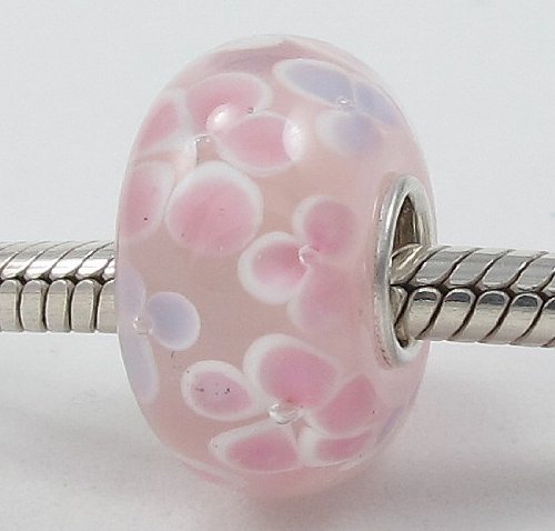 (Free Shipping) Light Pink Hawaii Flower Garden View Design European Murano Style Glass Bead Charm with Solid Sterling Silver Single Core Stamped 925 Fits Pandora Biagi Chamilia Troll Bracelets