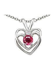 Tommaso Design (tm) Round Created Ruby and Genuine Diamond Double Heart Pendant in 14 kt White Gold