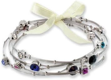 Designer Inspired Womens Whisper Bracelet, Multi-colored Independent Gems of Various Shapes and Sizes Make This Delicate Wire Bangle Set Extraordinary. Gift-ready Organza Pouch Adds to the Elegance. Matching Ribbon Ties the Bangles Together or Can Be Worn Individually