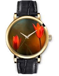SPRAWL Aanalog Fashion Series Gold Ladies Watches of Genuine Black Leather Strap,Unique Wrist Watch for Women Girls Designed with Flower in full bloom