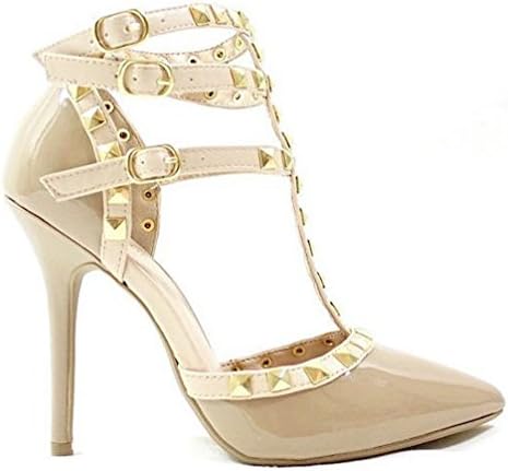 Adora-55 Patent Leather Pointy Toe Pump Studded Strappy Stiletto Heels natural sz.7.5