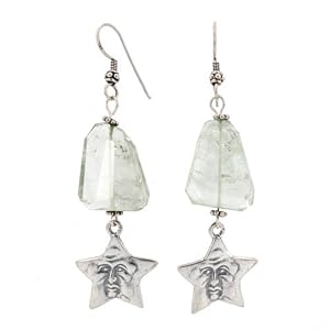 Long Green Amethyst Gemstone Bead Dangle Earrings with Double Sided Sterling Silver Star Man Charms, #7493