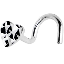 Solid 14KT White Gold Textured Heart Nose Screw Ring