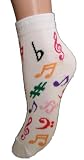 Womens 9-11 White with Multi-Color Music Notes Cotton Lycra Novelty Ankle Socks
